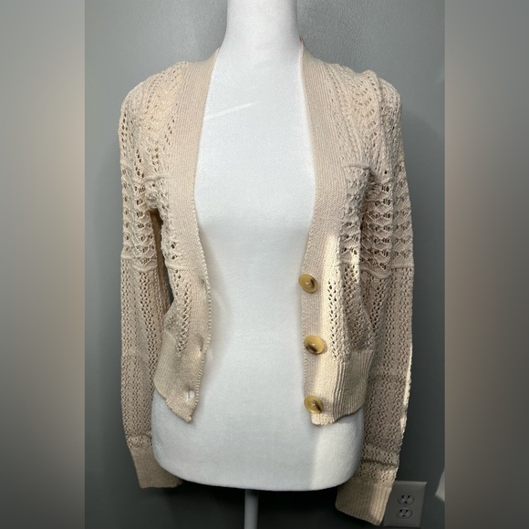 Anthropologie Beige Open-Knit Button Cardigan Sweater Womens Size XS - Picture 6 of 17